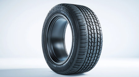 A professional car tire displayed against a blank background, highlighting its durability and tread structure.の素材