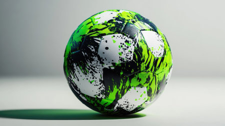A premium soccer ball with green and black graphic elements, highlighted on a bright white surface.の素材