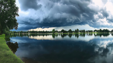 A panoramic view of storm clouds churning over a calm lake, with dark reflections on the water.の素材