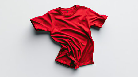 A red t-shirt flying upward, its motion creating realistic folds and creases on a plain white background.の素材