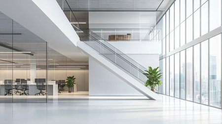 A modern staircase inside an office building, surrounded by glass railings and bright white walls with sleek finishes.の素材