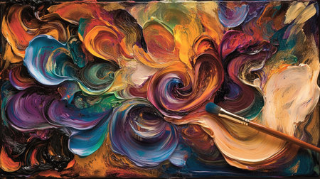 A palette covered in abstract swirls of mixed colors, with a brush lying nearby.の素材