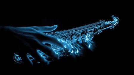 A musician's hands gripping a shining saxophone, set against a completely dark background with focused lighting.の素材
