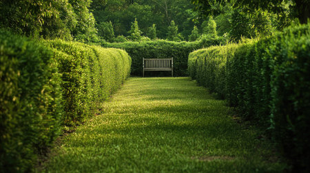 A peaceful shot of a green maze with tall bushes and a lone bench placed at a quiet corner.の素材