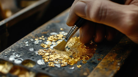 A painter blending metallic gold and silver paints on a palette with a small round brush.の素材