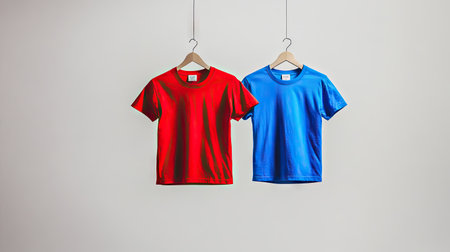 A red t-shirt and a blue t-shirt suspended together in mid-air, contrasting vividly against a white backdrop.の素材
