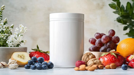 A premium whey protein container with a clean design, surrounded by fresh fruits and nuts.の素材