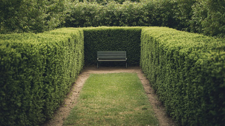 A peaceful shot of a green maze with tall bushes and a lone bench placed at a quiet corner.の素材