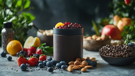 A premium whey protein container with a clean design, surrounded by fresh fruits and nuts.の素材