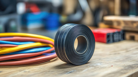 A roll of electrical tape in black, lying beside colorful wires on a wooden workbench.の素材