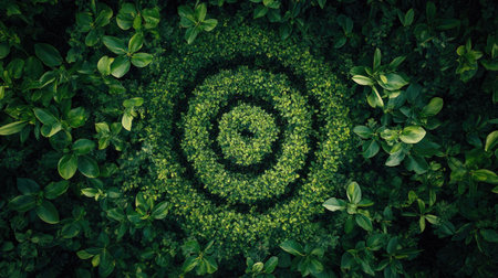 A lush green bush labyrinth with a circular pattern, photographed from an overhead perspective.の素材