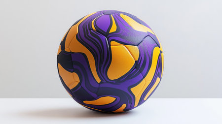 A modern soccer ball with a bold purple and yellow graphic design, resting on a clean white surface.の素材