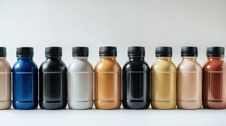 A group of protein drink bottles in various flavors, neatly arranged on a white background.の素材