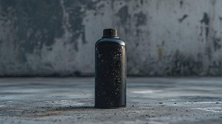 A lone black spray paint can standing upright on a textured concrete floor with paint splatters around.の素材