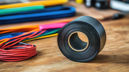 A roll of electrical tape in black, lying beside colorful wires on a wooden workbench.の素材