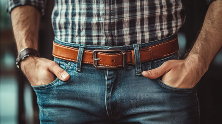 A man in slim-fit jeans and a plaid shirt, showcasing a tan leather belt with a polished buckle.の素材