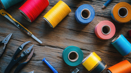 A high-angle shot of multi-colored adhesive tape rolls on a rustic wooden table, with crafting tools nearby.の素材