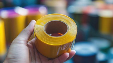 A hand holding a partially peeled roll of yellow adhesive tape, with a blurred row of other rolls in the background.の素材