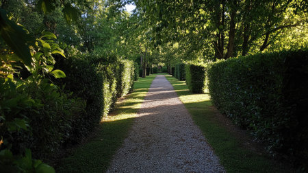 A peaceful green labyrinth with high hedges, casting shadows on the narrow gravel pathways.の素材