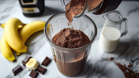 A hand pouring chocolate protein powder into a blender with milk and bananas nearby.の素材
