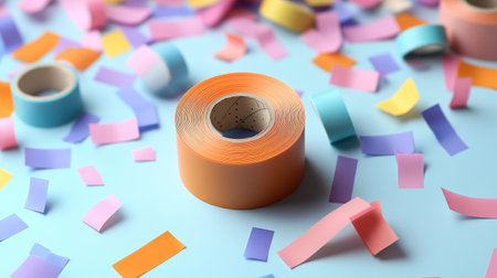 A minimalist image of a single orange adhesive tape roll surrounded by scattered multi-color rolls.の素材