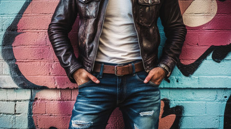A man wearing a casual leather jacket, distressed jeans, and a rugged belt, posing against a graffiti wall.の素材