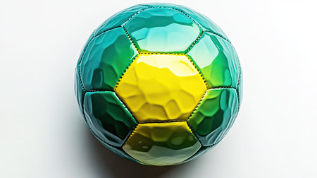 A high-angle shot of a soccer ball with a unique gradient pattern of green and yellow, placed on white.の素材