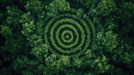 A lush green bush labyrinth with a circular pattern, photographed from an overhead perspective.の素材