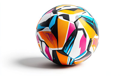 A minimalist soccer ball with sharp angular designs and bold color contrasts, isolated on white.の素材