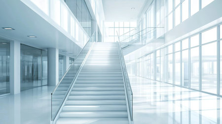 A modern staircase inside an office building, surrounded by glass railings and bright white walls with sleek finishes.の素材