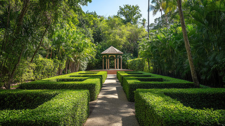 A maze of green hedges leading to a hidden gazebo at the center, surrounded by scenic greenery.の素材