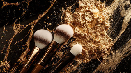 An elegant display of natural bristle makeup brushes, with scattered powder splashes creating a luxurious beauty scene.の素材