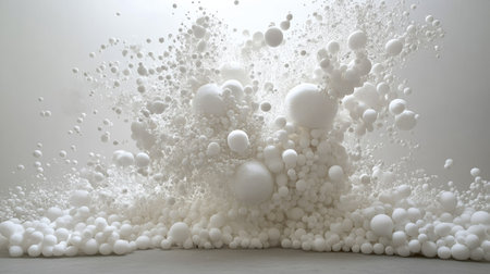 An energetic explosion of Styrofoam mini balls in various sizes, creating a dynamic and textured visual effect.の素材