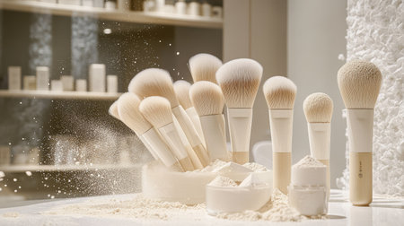 An elegant display of natural bristle makeup brushes, with scattered powder splashes creating a luxurious beauty scene.の素材