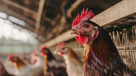 An indoor chicken farm with several chickens in clean, well-organized rows of cages, ensuring a comfortable environment for the poultry.の素材