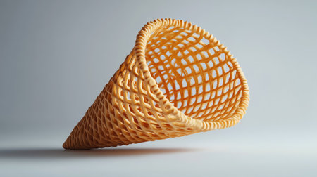 An empty wafer cone, isolated on a plain background, emphasizing its delicate, woven texture and round opening.の素材