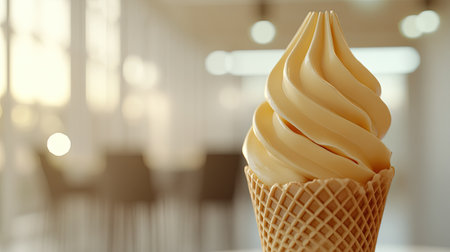 A beautifully shot empty wafer cone of ice cream, showcasing its light brown color and texture with a blurred background.の素材