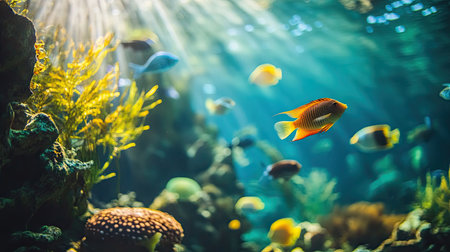 An underwater scene inside an aquarium tank with colorful fish swimming amongst plants, creating a peaceful aquatic environment.の素材