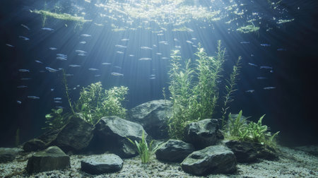 A beautifully lit aquarium tank with schools of fish swimming gracefully around rocks, with plants swaying gently in the water.の素材
