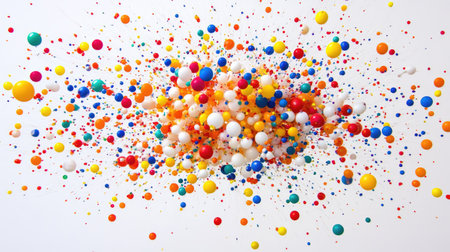 A burst of colorful Styrofoam mini balls flying in all directions against a bright white background, creating a dynamic explosion effect.の素材