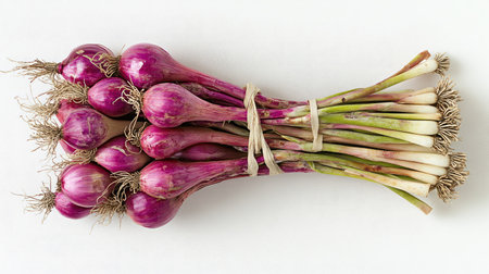 A bundle of red onions with their stems intact, lying neatly on a white surface for a fresh look.の素材
