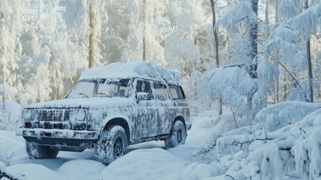 An SUV covered in snow, with frosted windows and snow piled on the hood and roof, in a snowy forest setting.の素材