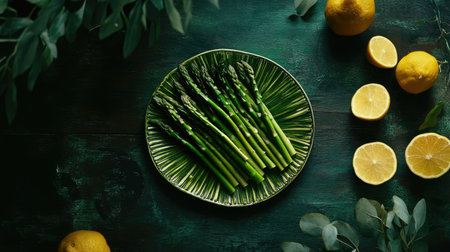 An overhead view of fresh asparagus on a dark wooden table, styled with complementary green and yellow props.の素材
