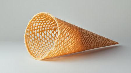 An empty wafer cone, isolated on a plain background, emphasizing its delicate, woven texture and round opening.の素材