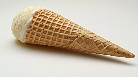 An empty wafer ice cream cone, with the crisp pattern clearly visible, resting on a light-colored background for focus.の素材
