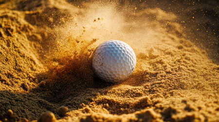 An overhead view of a golf ball being struck in a sand bunker, with a vivid spray of sand radiating outward.の素材