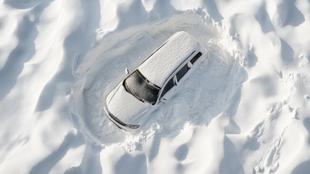 An overhead view of a car buried in snow, surrounded by clean, untouched snowdrifts.の素材