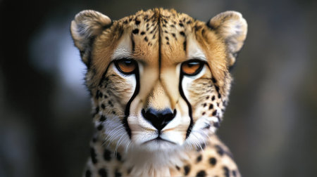 A beautiful closeup of a cheetah's face, highlighting its sharp features, spots, and piercing eyes, with a natural backdrop.の素材