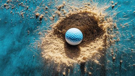 An overhead view of a golf ball being struck in a sand bunker, with a vivid spray of sand radiating outward.の素材
