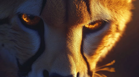 A beautiful closeup of a cheetah, focusing on its face and sharp, intense eyes, with soft lighting accentuating its features.の素材